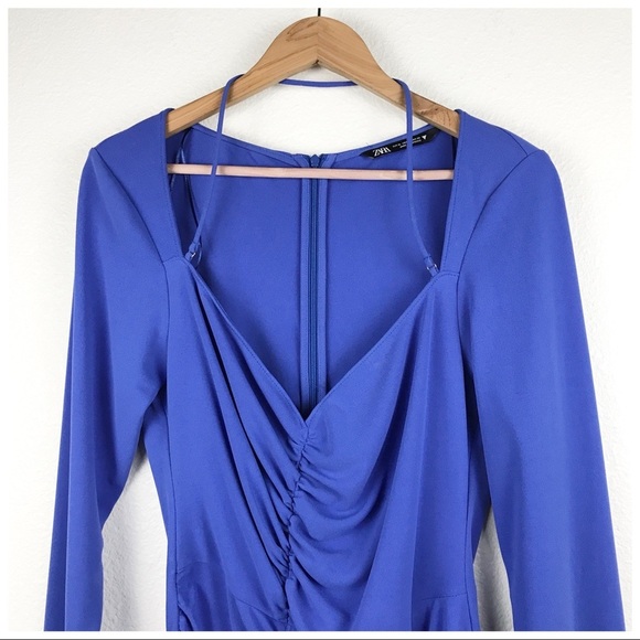 Zara Blue Draped Ruched Long Sleeve‎ Dress Size XL - Picture 8 of 12